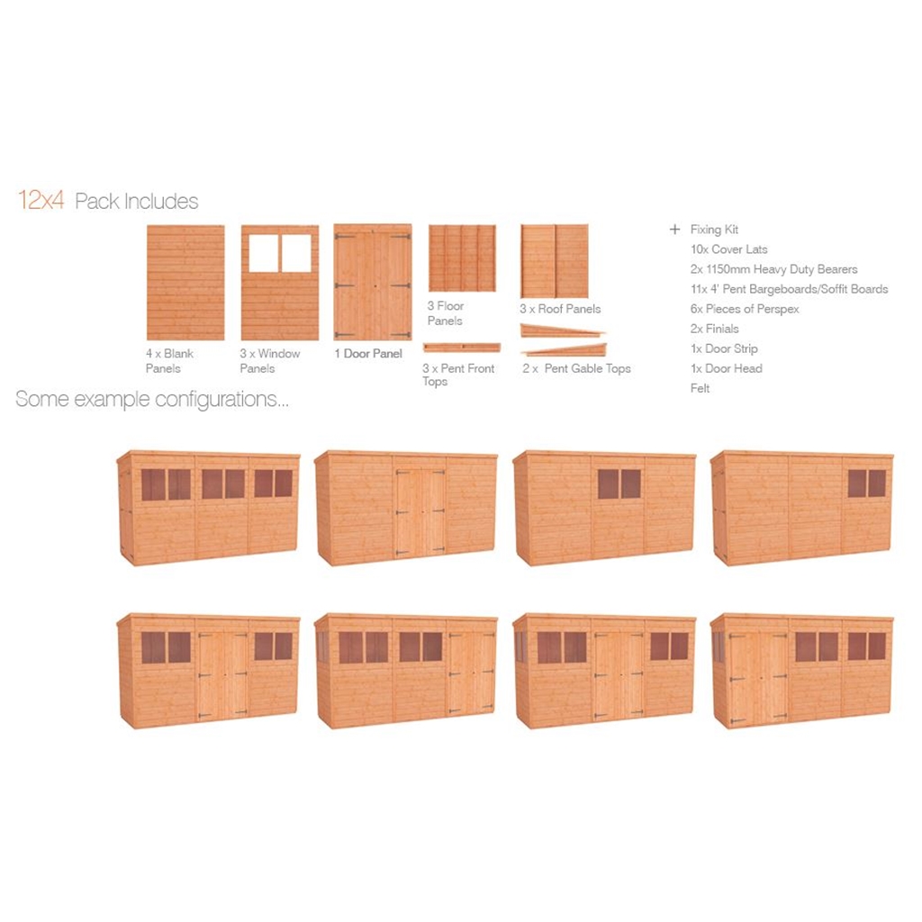 12 x 4 tongue and groove pent shed with double doors 12mm