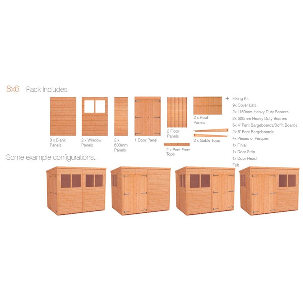 8 x 6 tongue and groove pent shed with double doors 12mm