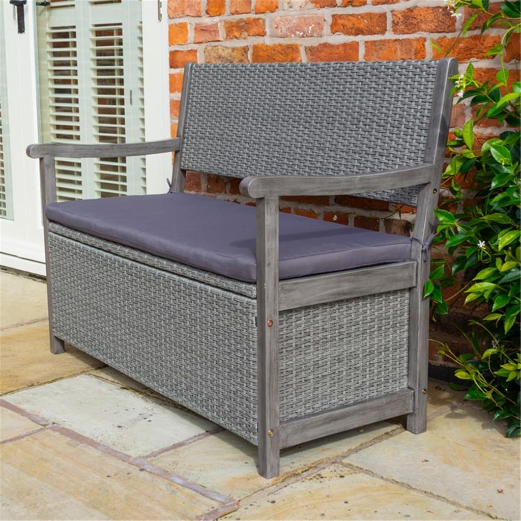 2 Seater Hardwood Timber Framed Rattan Weave Garden Bench - Grey