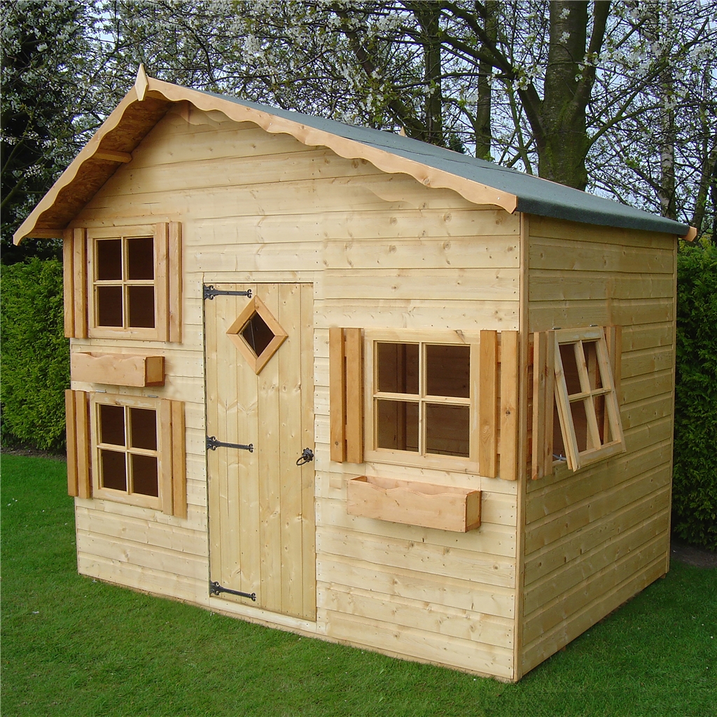 wooden playhouse with upstairs
