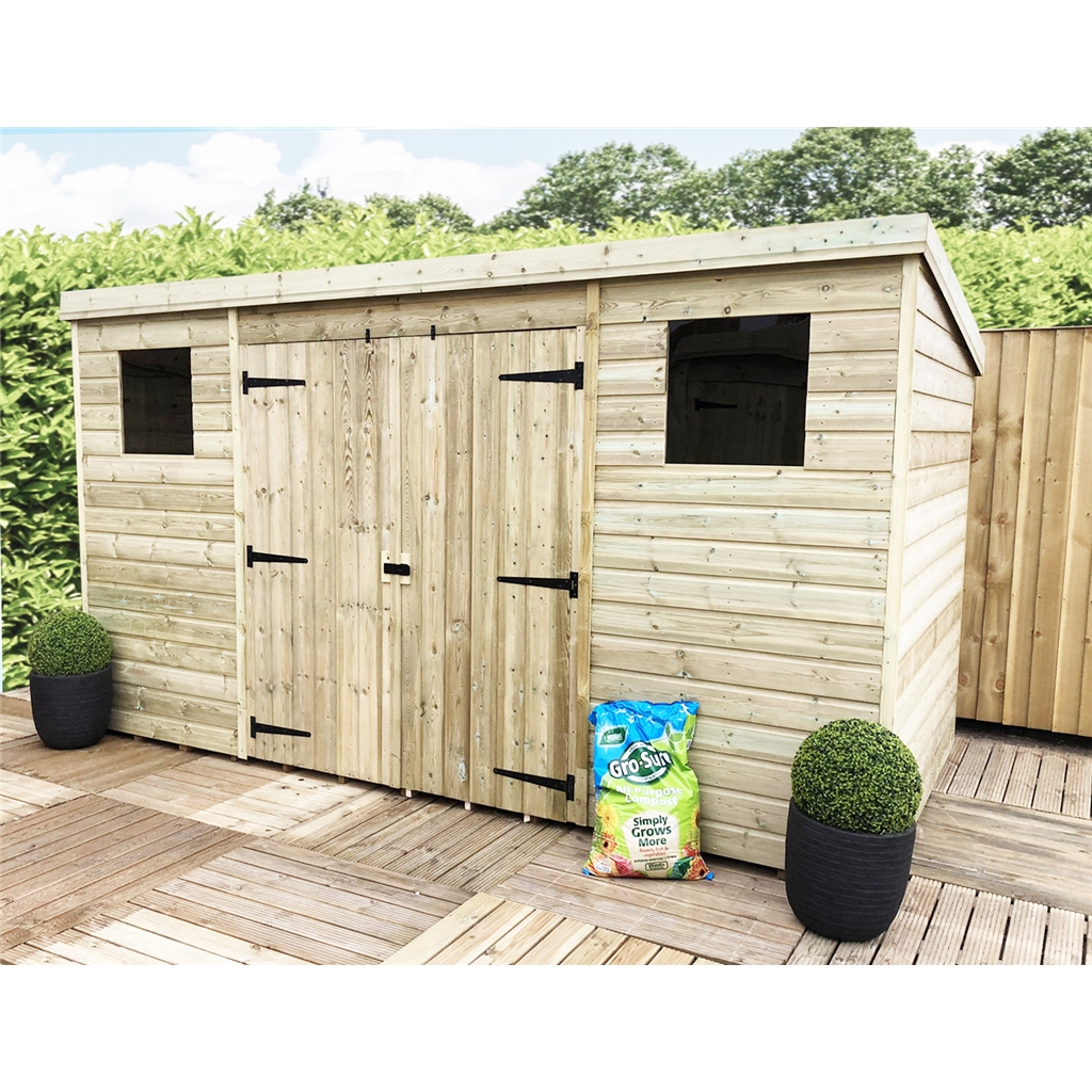 14 X 4 Pressure Treated Tongue And Groove Pent Shed With 2 Windows And Double Doors Safety Toughened Glass