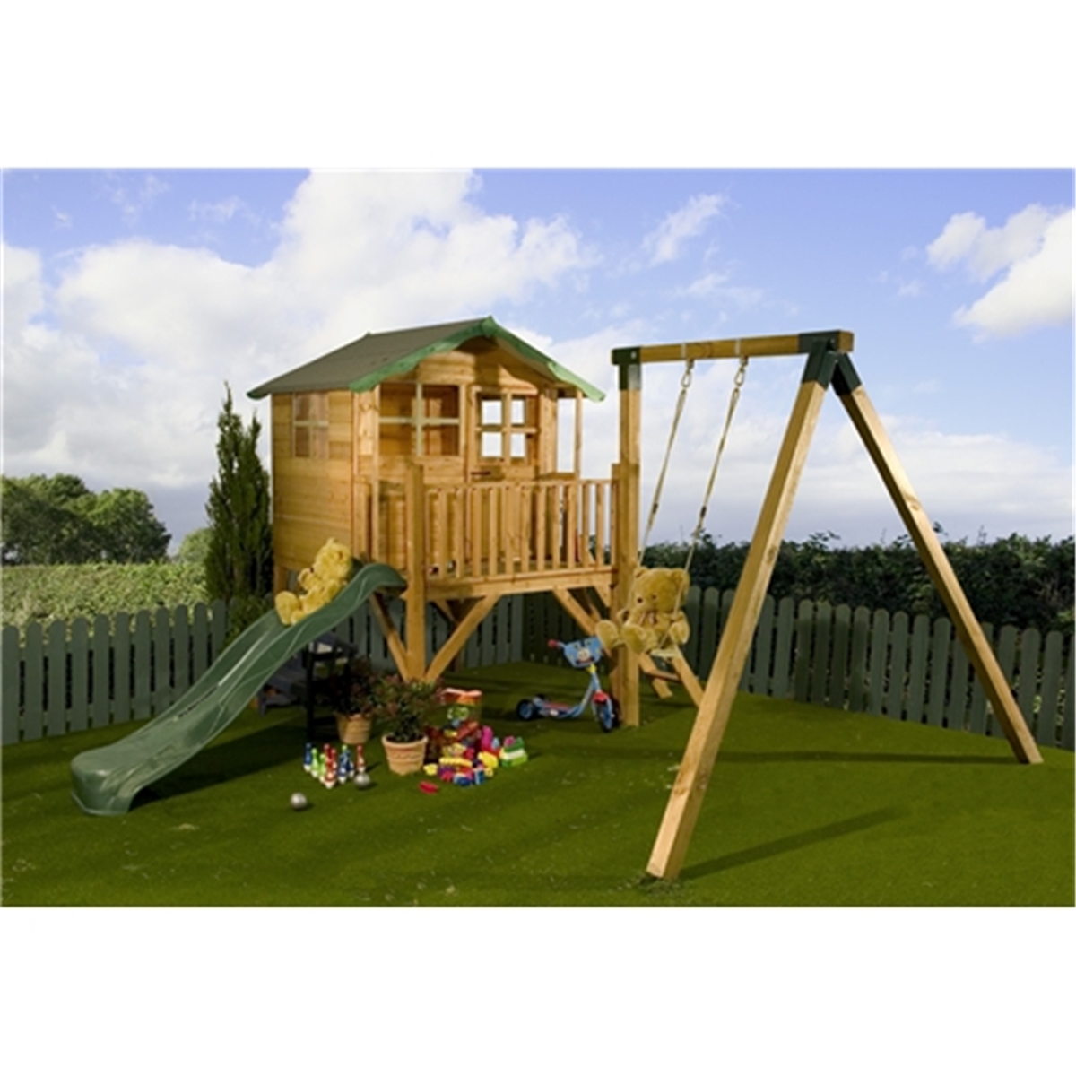 Installed 5 X 7 Wooden Tower Playhouse With Slide And Swing Includes