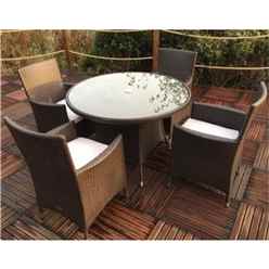 4 Seater - 5 Piece -  Naples 4 Seater Round Dining Set - 110cm Round Glass Top Table With 4 Carver Chairs Incl. Cushions - Free Next Working Day Delivery (mon-Fri)